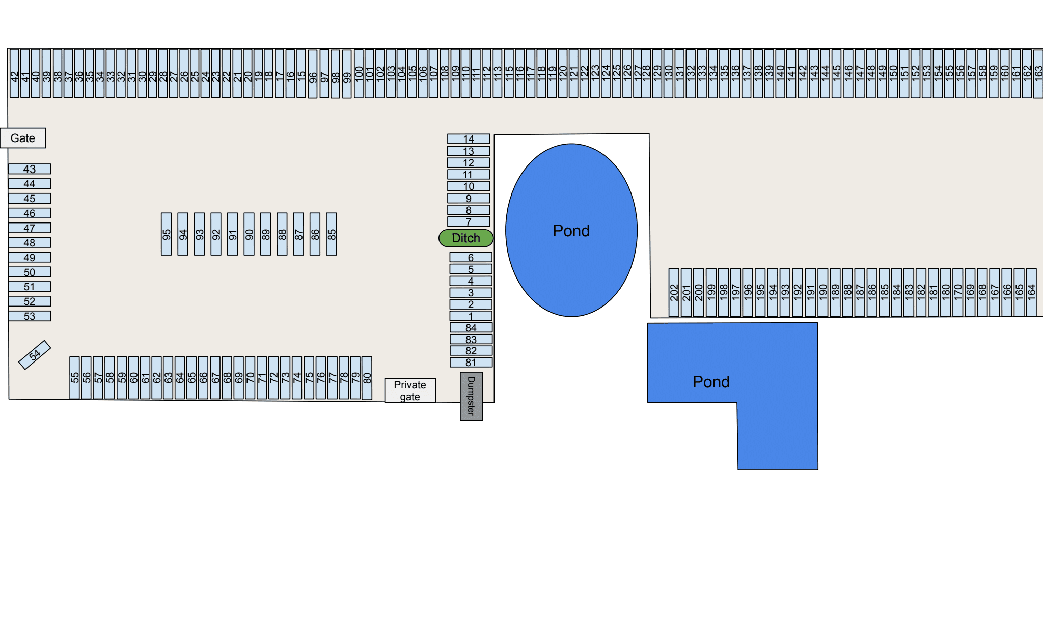 Facility map of truck parking and storage spaces at Schlipf Road Park & Go